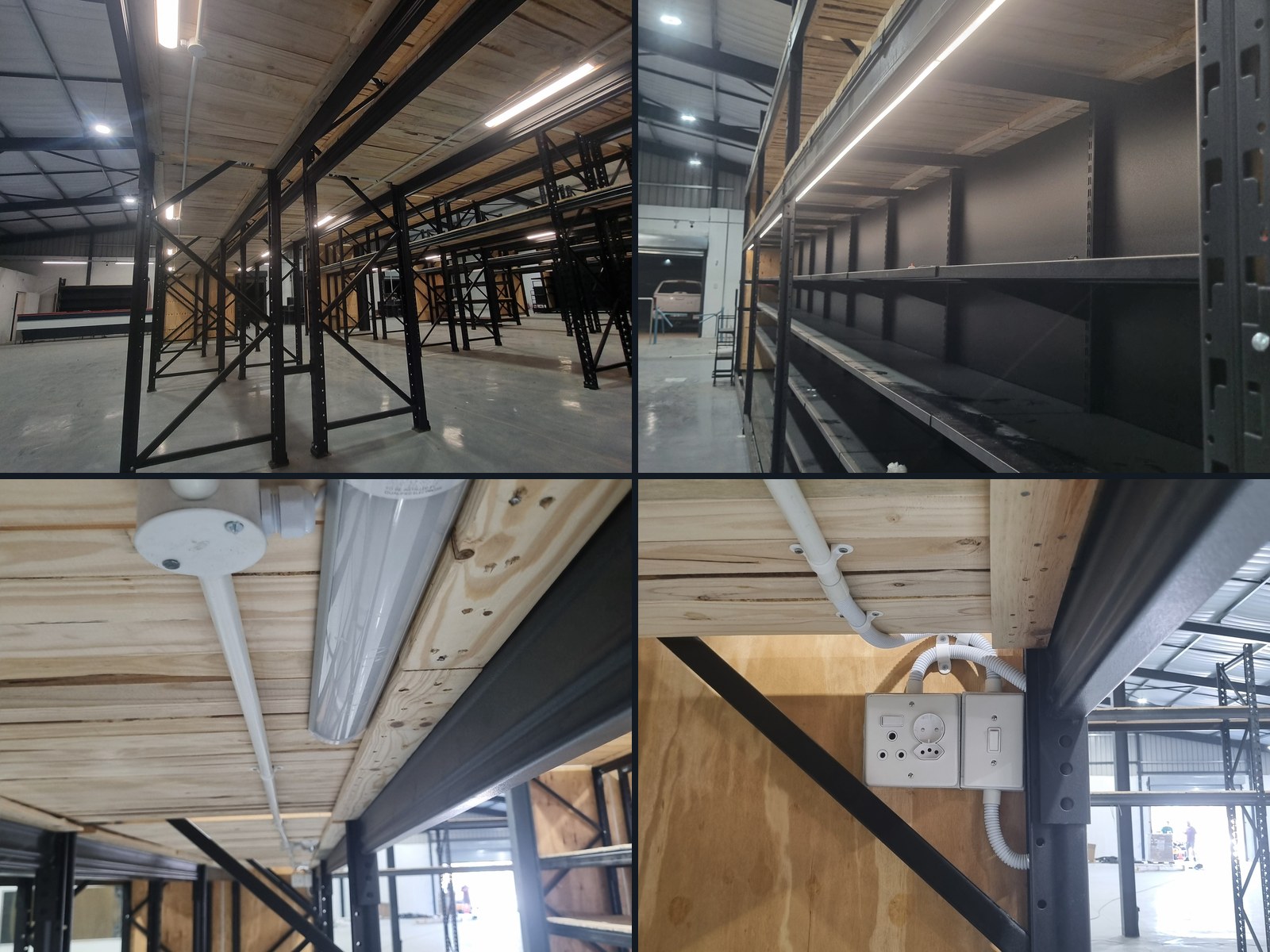 LED shelf-edge lighting installed under retail racking, four views